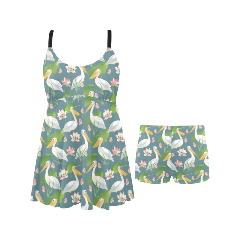 Pelican Pattern Print Design 04 Chest Sexy Pleated Two Piece Swim Dress