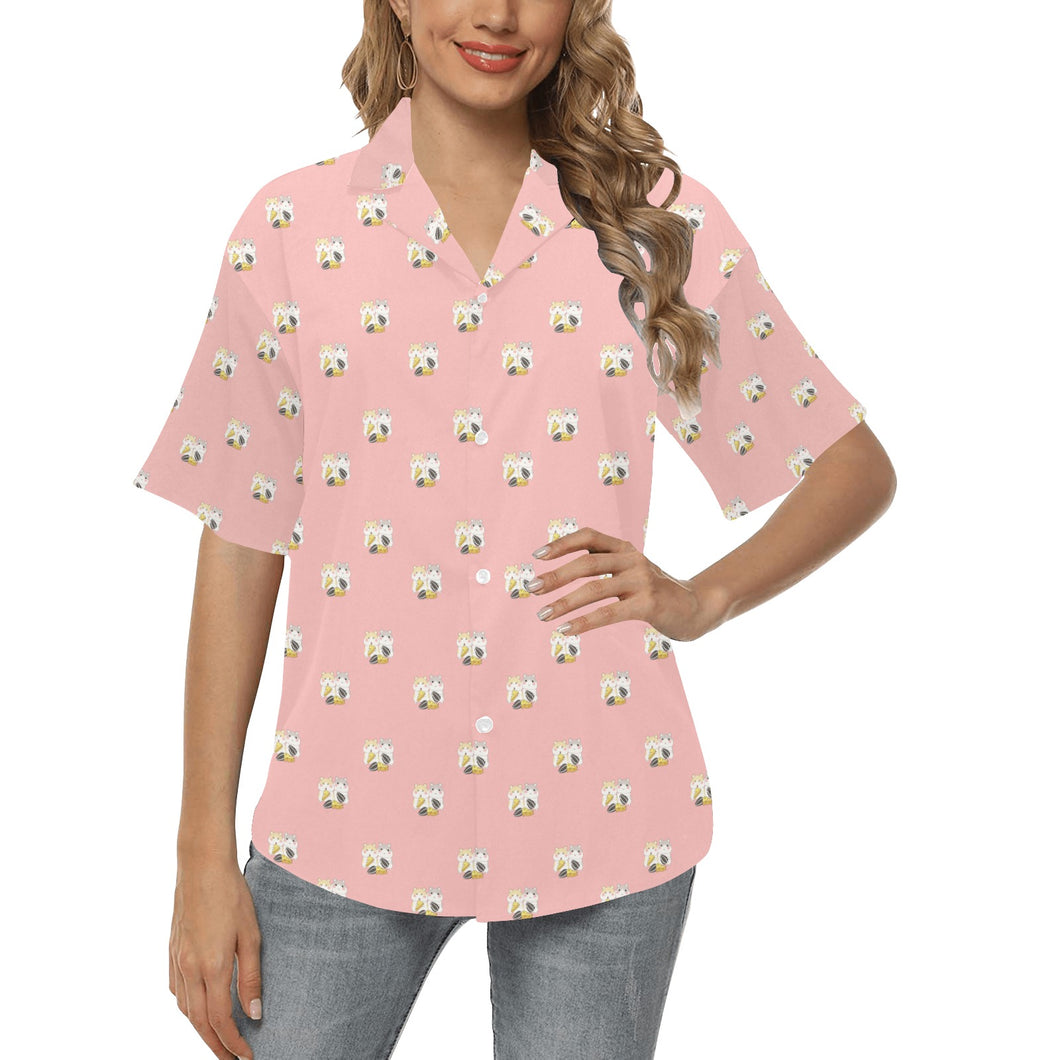 Cute hamster cheese pattern pink background Women's All Over Print Hawaiian Shirt