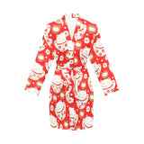Cute Maneki neko cat red background Women's Long Sleeve Belted Night Robe