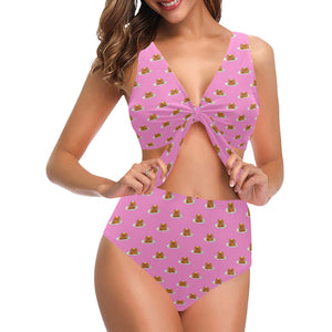 Pancake Pattern Print Design 04 Chest Bowknot High Waisted Bikini Swimsuit