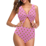 Pancake Pattern Print Design 04 Chest Bowknot High Waisted Bikini Swimsuit