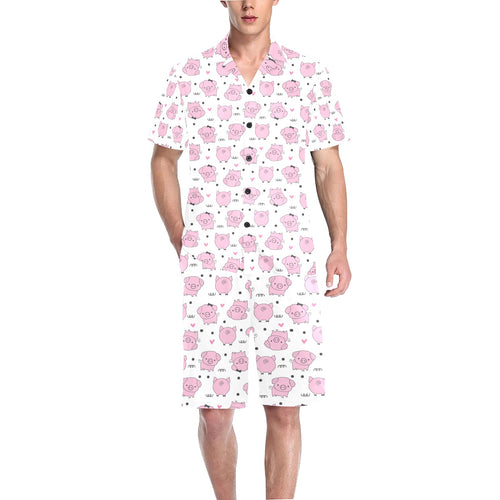 Pig Pattern Print Design 03 Men's V-Neck Short Pajama Set