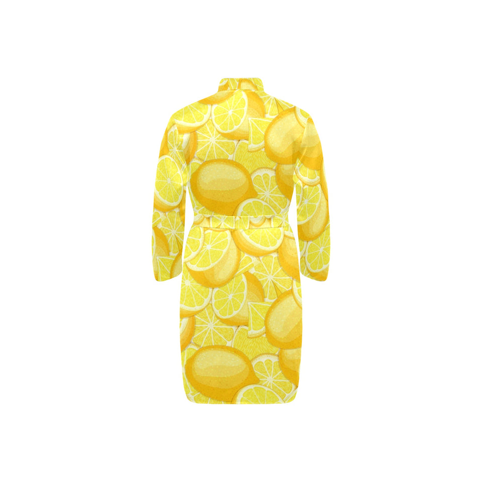 lemon flower leave pattern Men's Long Sleeve Belted Night Robe