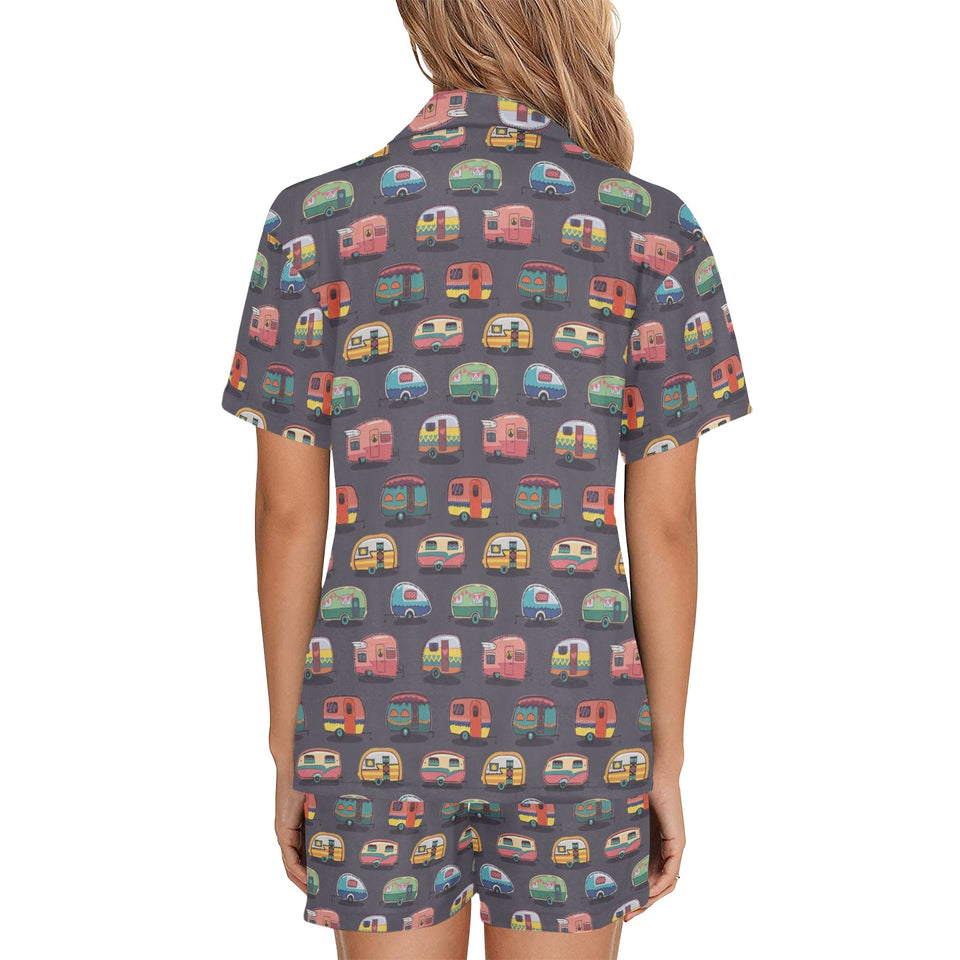 Camper Van Pattern Print Design 02 Women's V-Neck Short Pajama Set