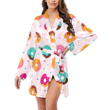 Donut pattern glaze pink background Women's Long Sleeve Belted Night Robe