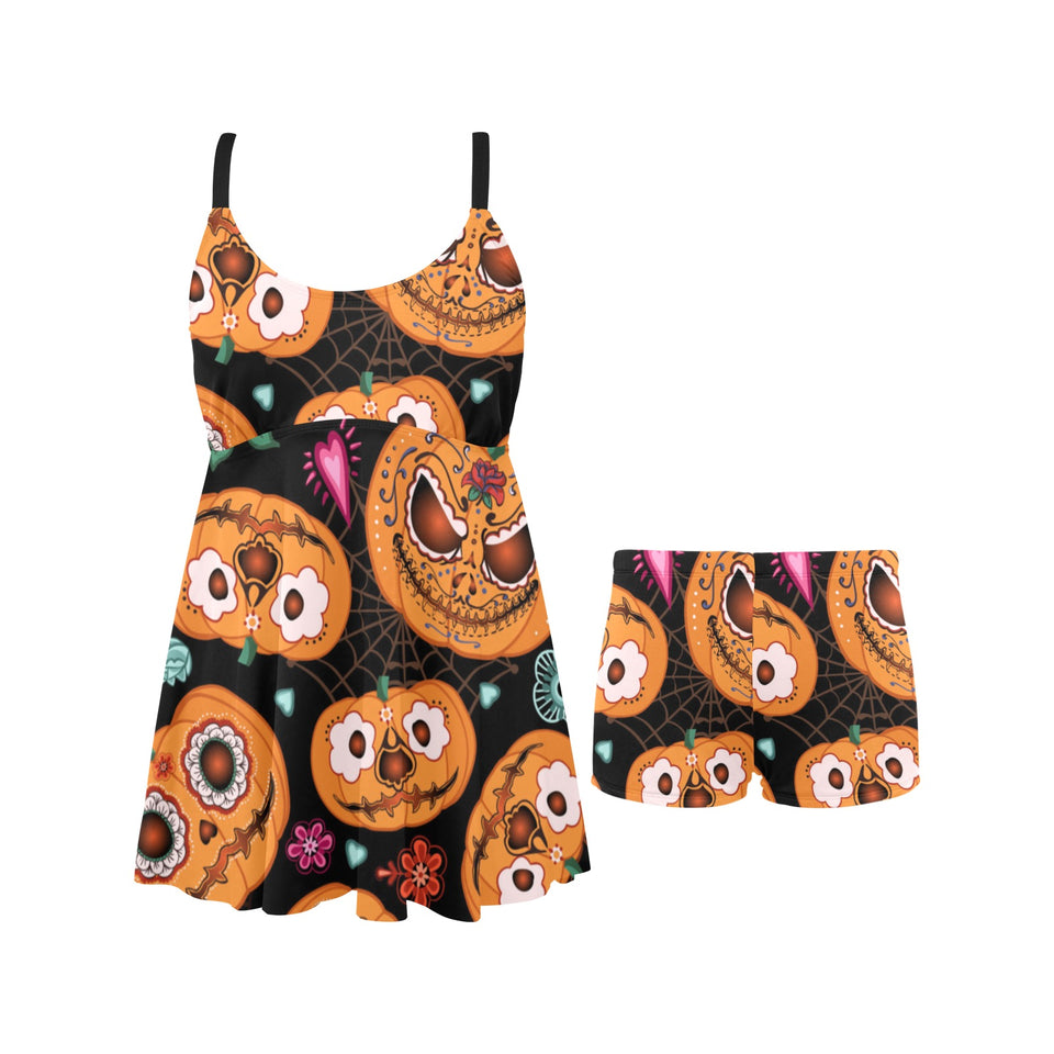 Pumpkin flowers spiderweb Halloween theme Chest Sexy Pleated Two Piece Swim Dress