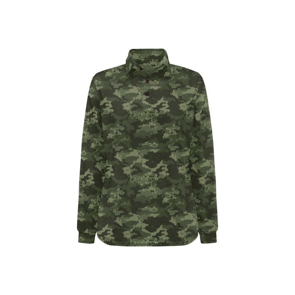 Digital Green camouflage pattern Women's Long Sleeve Polo Shirt