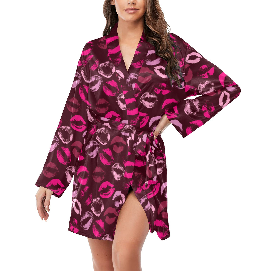 Lips Pattern Print Design 03 Women's Long Sleeve Belted Night Robe
