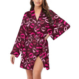 Lips Pattern Print Design 03 Women's Long Sleeve Belted Night Robe