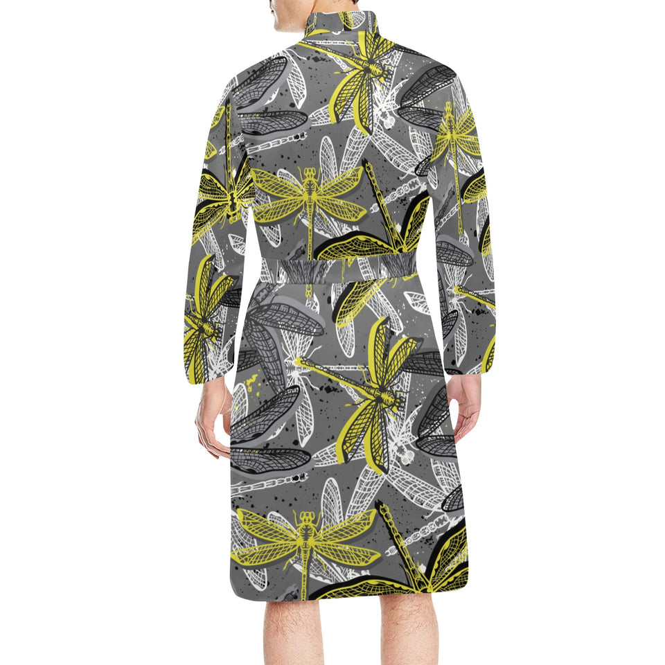 Hand drawn dragonfly pattern Men's Long Sleeve Belted Night Robe