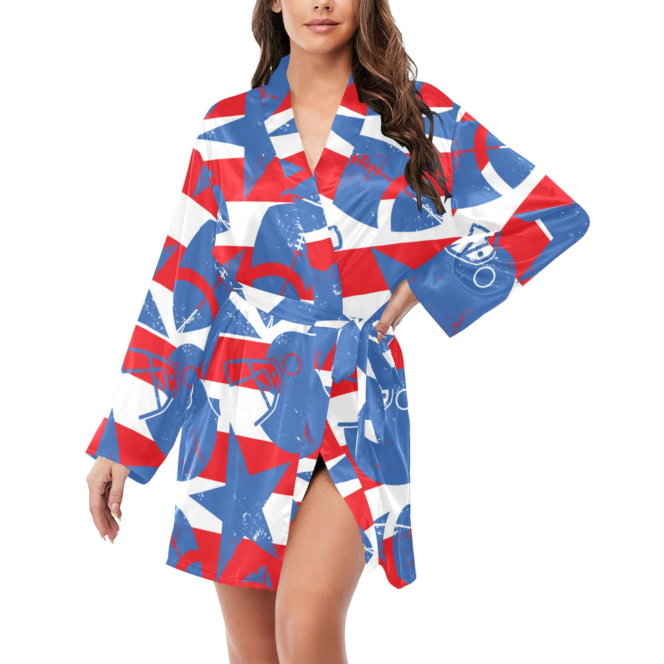 American football ball star stripes pattern Women's Long Sleeve Belted Night Robe