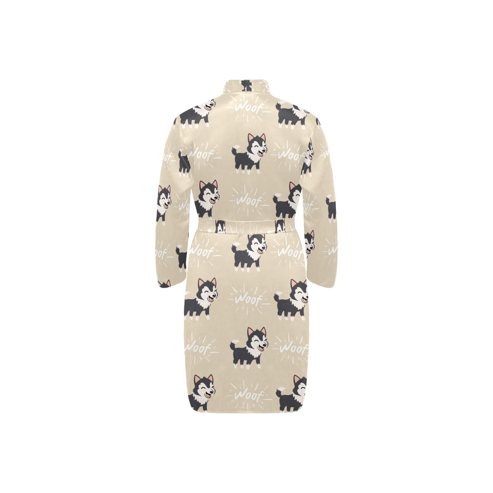 Cute Siberian Husky Men's Long Sleeve Belted Night Robe