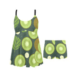Whole sliced kiwi leave and flower Chest Sexy Pleated Two Piece Swim Dress