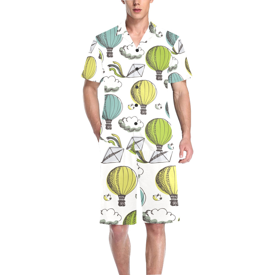Hot Air Balloon Bird Cloud Pattern Men's V-Neck Short Pajama Set