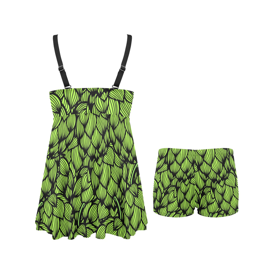 Green hop pattern Chest Sexy Pleated Two Piece Swim Dress