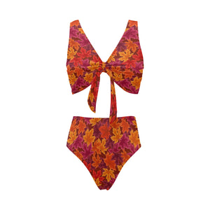 Autumn maple leaf pattern Chest Bowknot High Waisted Bikini Swimsuit
