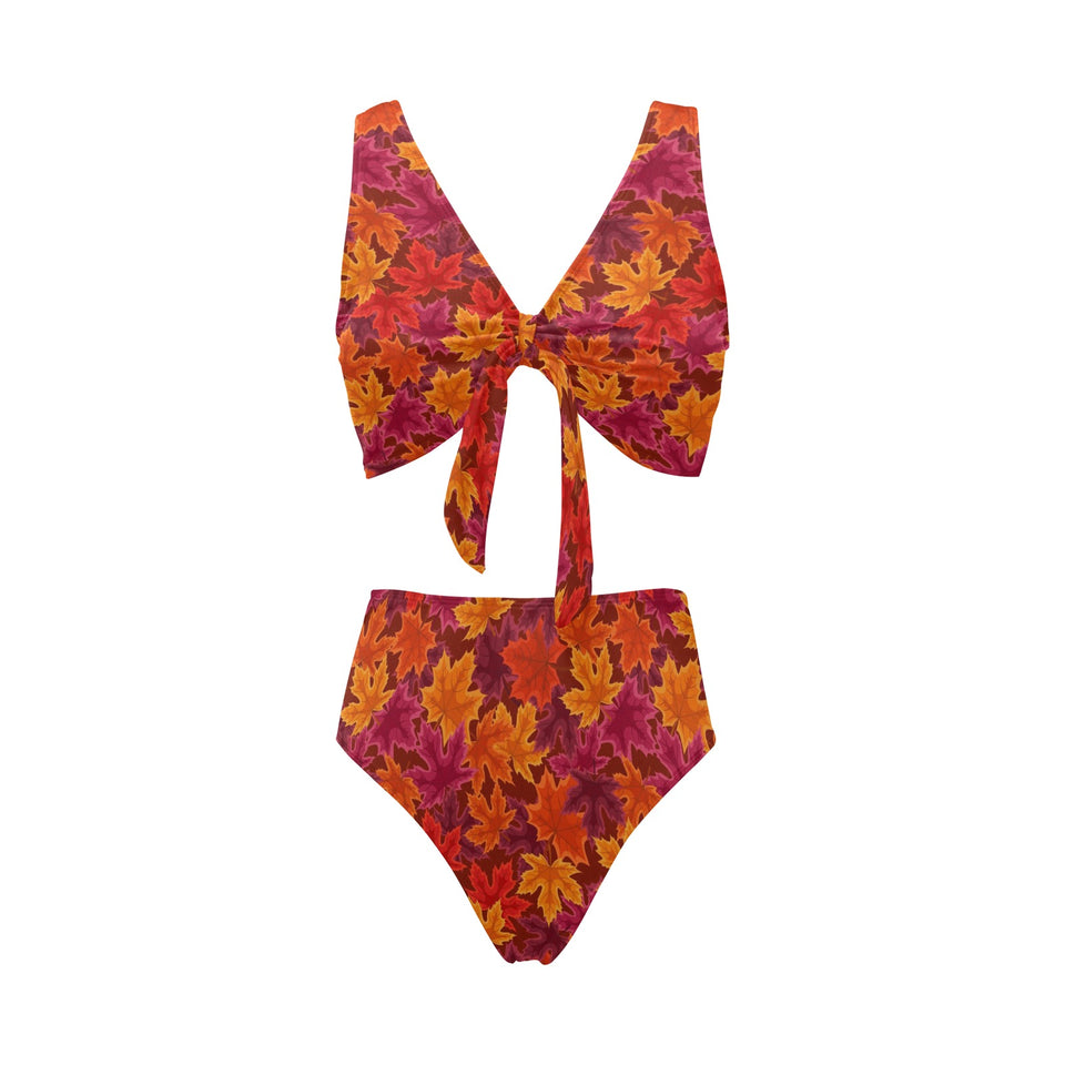 Autumn maple leaf pattern Chest Bowknot High Waisted Bikini Swimsuit