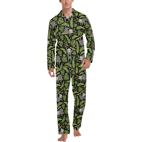 Cute sloths tropical palm leaves black background Men's Long Pajama Set