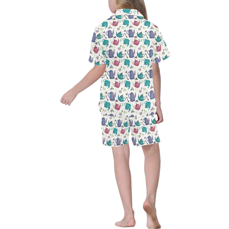 Tea pots Pattern Print Design 05 Kids' Boys' Girls' V-Neck Short Pajama Set