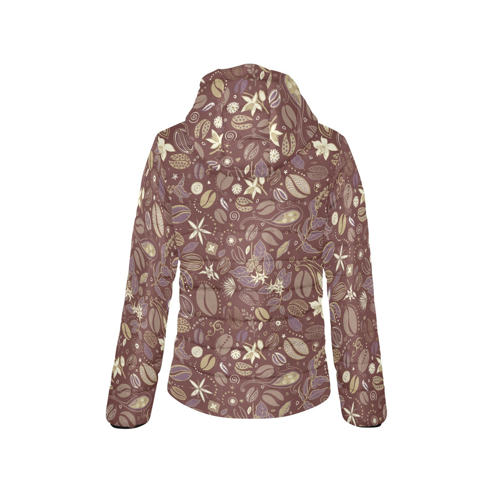 Coffee bean flower pattern Women's Padded Hooded Jacket