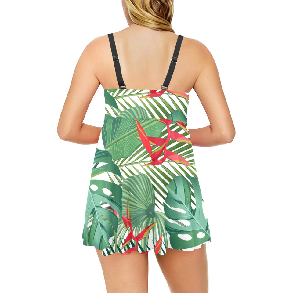 heliconia palm and monstera leaves pattern Chest Sexy Pleated Two Piece Swim Dress