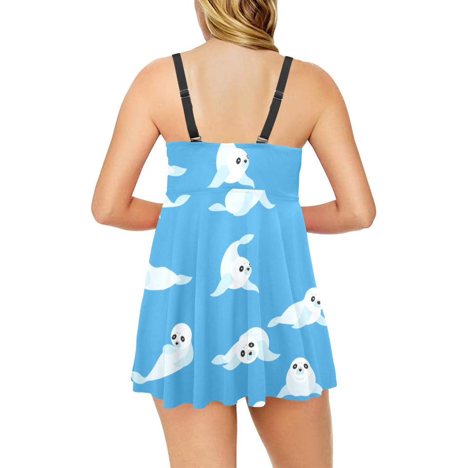 Cute sea lion seal pattern background Chest Sexy Pleated Two Piece Swim Dress