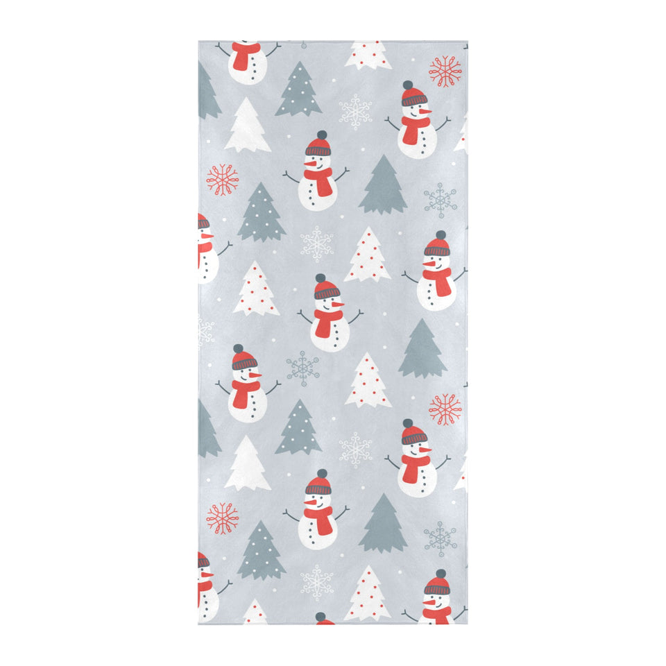 Snowman christmas tree snow gray background Beach Towel