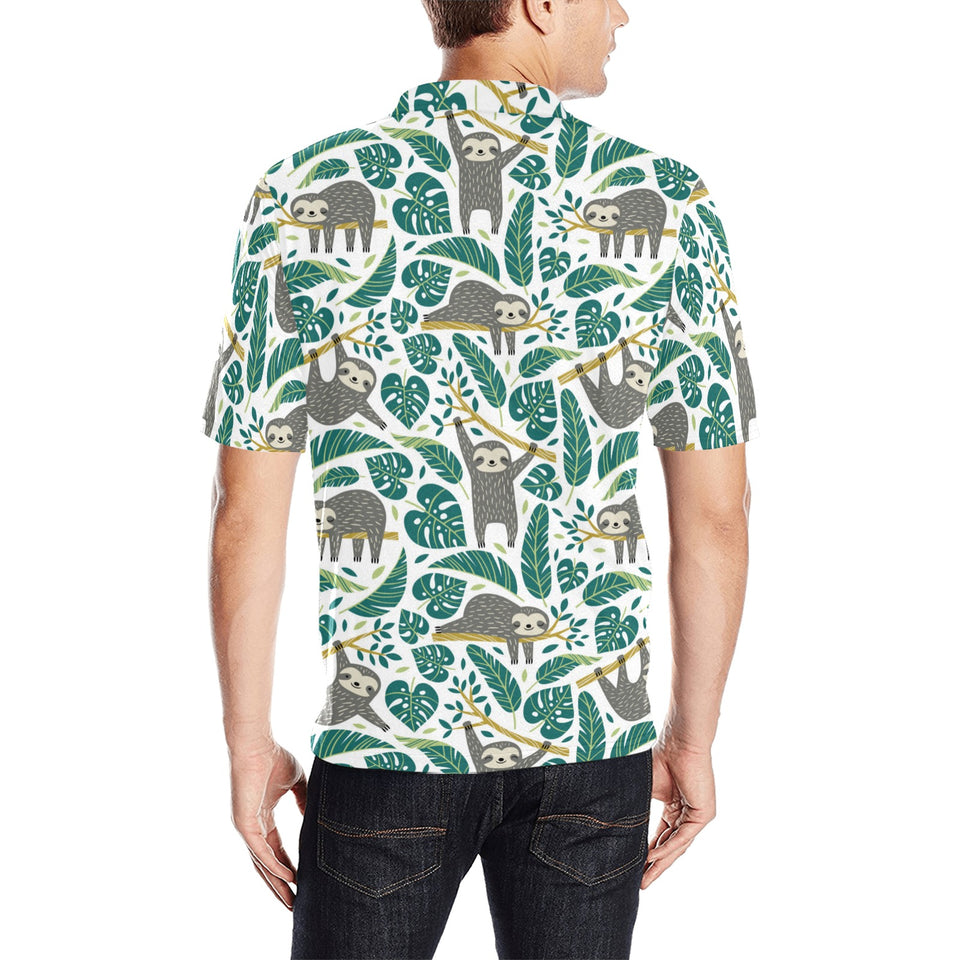 Cute sloths tropical palm leaves white background Men's All Over Print Polo Shirt