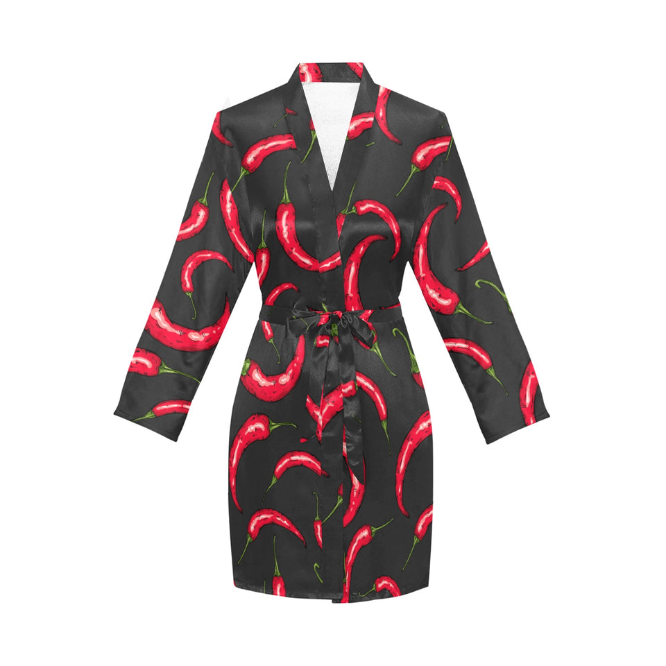 Chili peppers pattern black background Women's Long Sleeve Belted Night Robe
