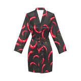 Chili peppers pattern black background Women's Long Sleeve Belted Night Robe