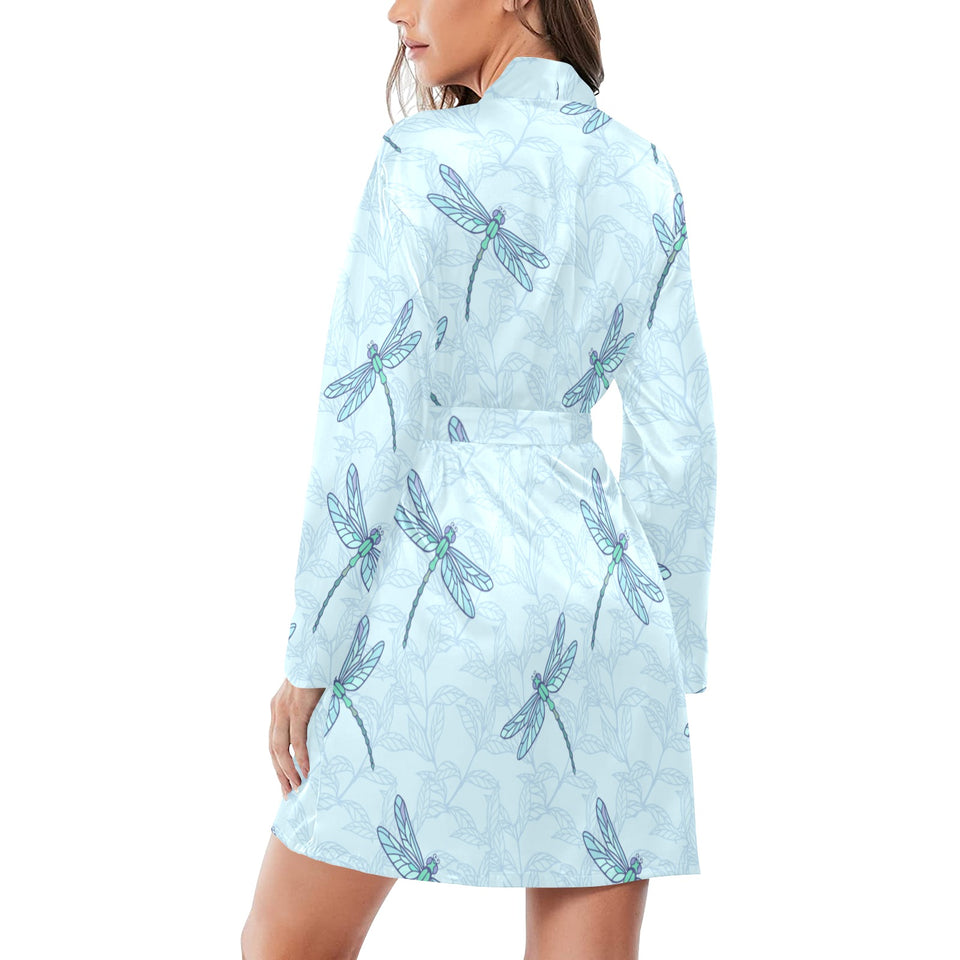 Dragonfly pattern blue background Women's Long Sleeve Belted Night Robe