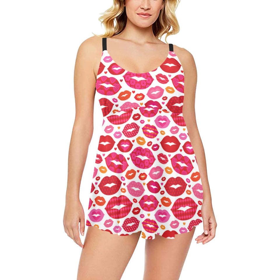 Lips Pattern Print Design 01 Chest Sexy Pleated Two Piece Swim Dress