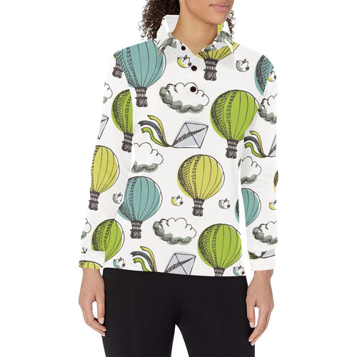 Hot Air Balloon Bird Cloud Pattern Women's Long Sleeve Polo Shirt