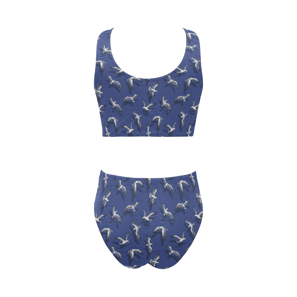 Seagull Pattern Print Design 03 Chest Bowknot High Waisted Bikini Swimsuit