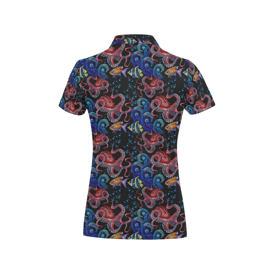 Octopus sea wave tropical fishe pattern Women's All Over Print Polo Shirt
