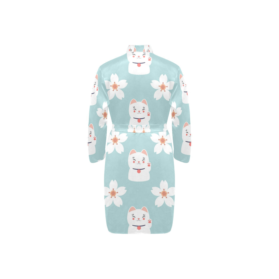 Maneki neko cat sakura Men's Long Sleeve Belted Night Robe