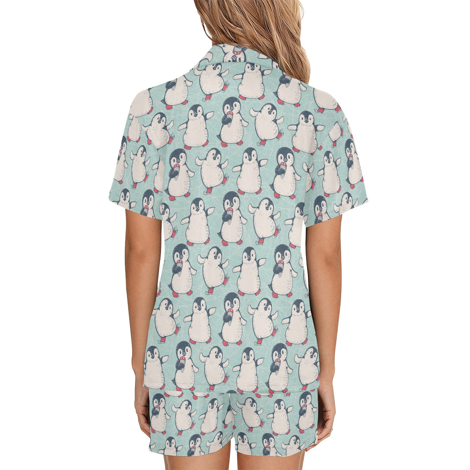 Cute Penguin pattern Women's V-Neck Short Pajama Set