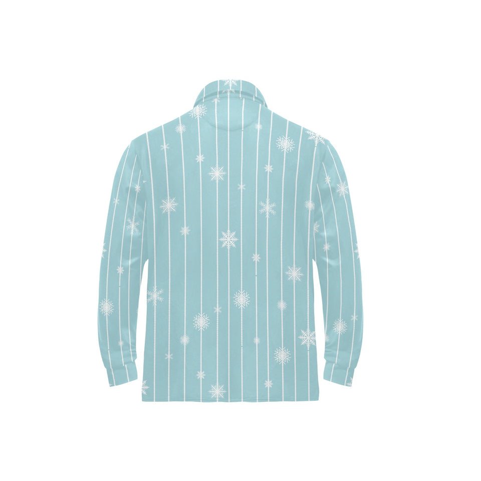 Snowflake pattern blue stripe background Men's Long Sleeve Polo Shirt