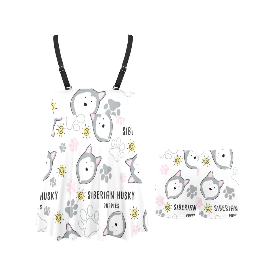 Siberian Husky design pattern Chest Sexy Pleated Two Piece Swim Dress