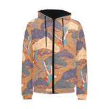 Bonsai bamboo stork japanese pattern brown theme Men's Padded Hooded Jacket