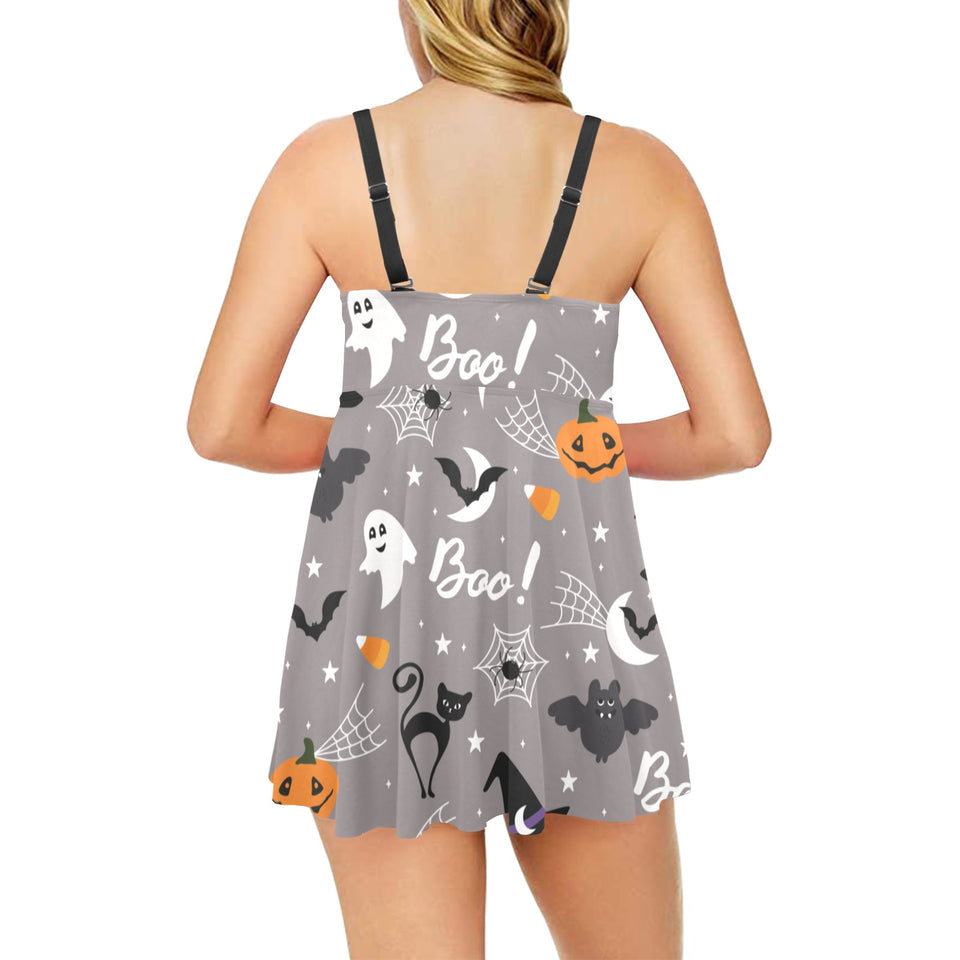 Halloween design pattern Chest Sexy Pleated Two Piece Swim Dress