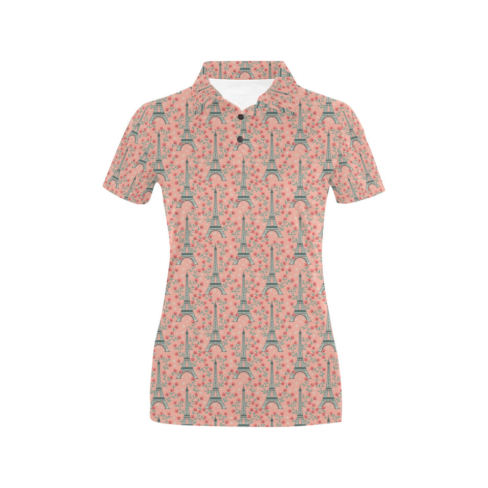 Eiffel Tower Flower Pattern Design 03 Women's All Over Print Polo Shirt