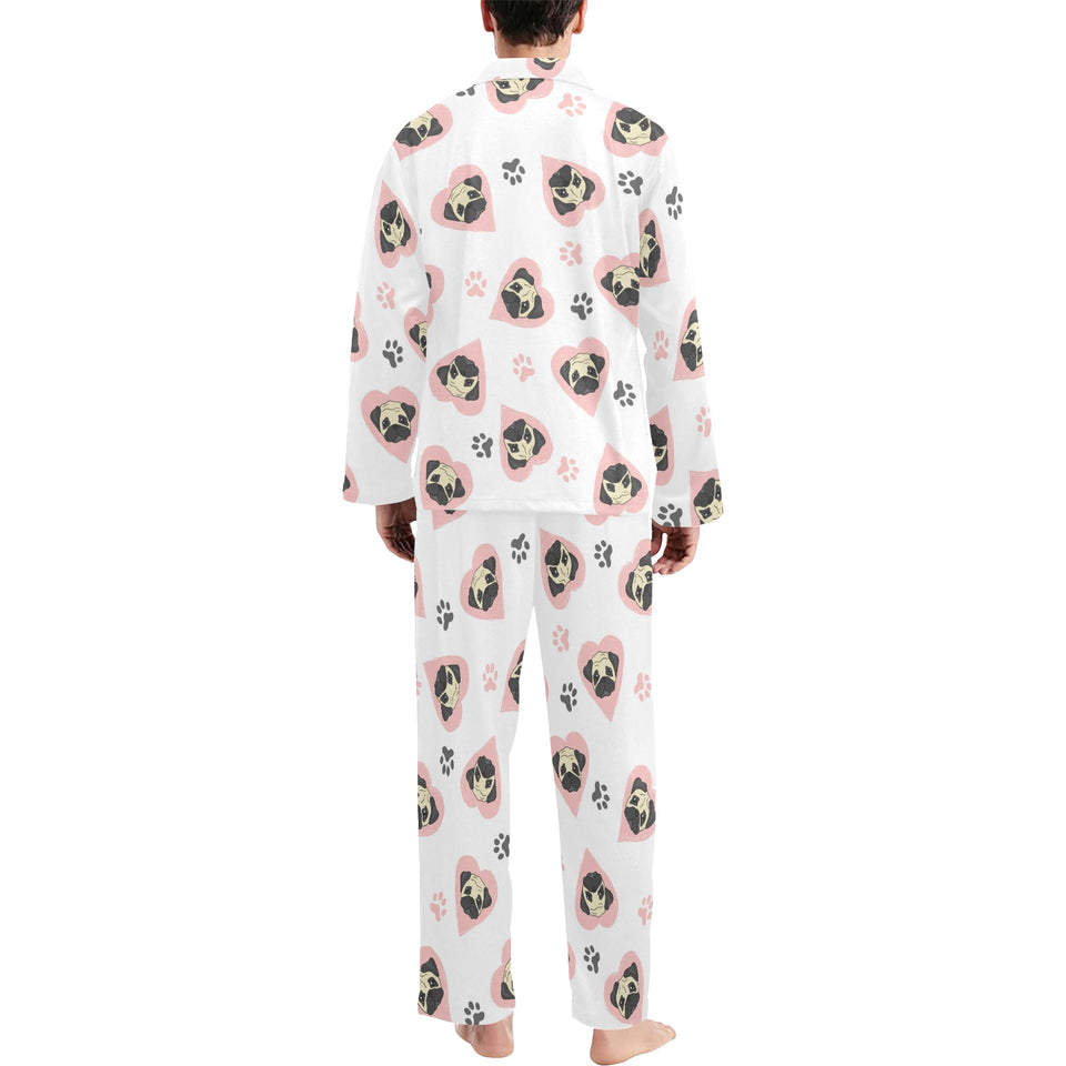 Cute pugs pink heart paw pattern Men's Long Pajama Set
