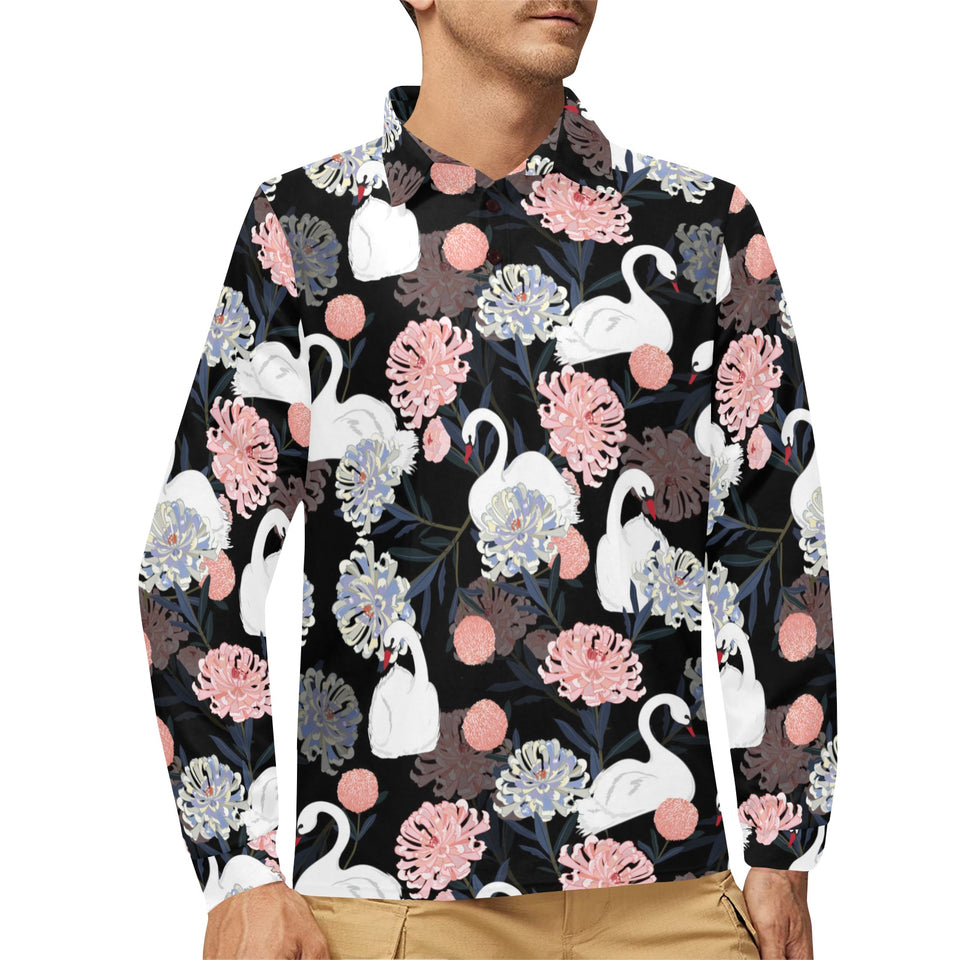 white swan blooming flower pattern Men's Long Sleeve Polo Shirt