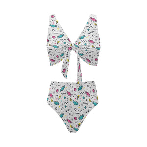 Candy design pattern Chest Bowknot High Waisted Bikini Swimsuit