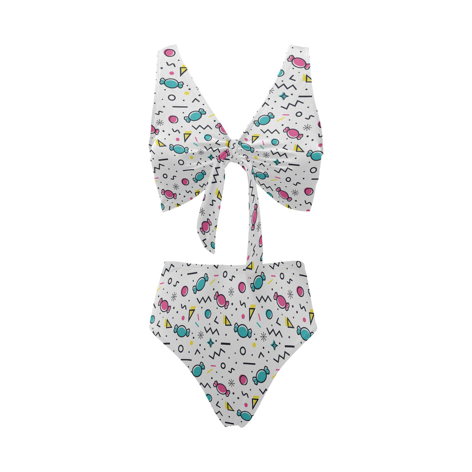 Candy design pattern Chest Bowknot High Waisted Bikini Swimsuit
