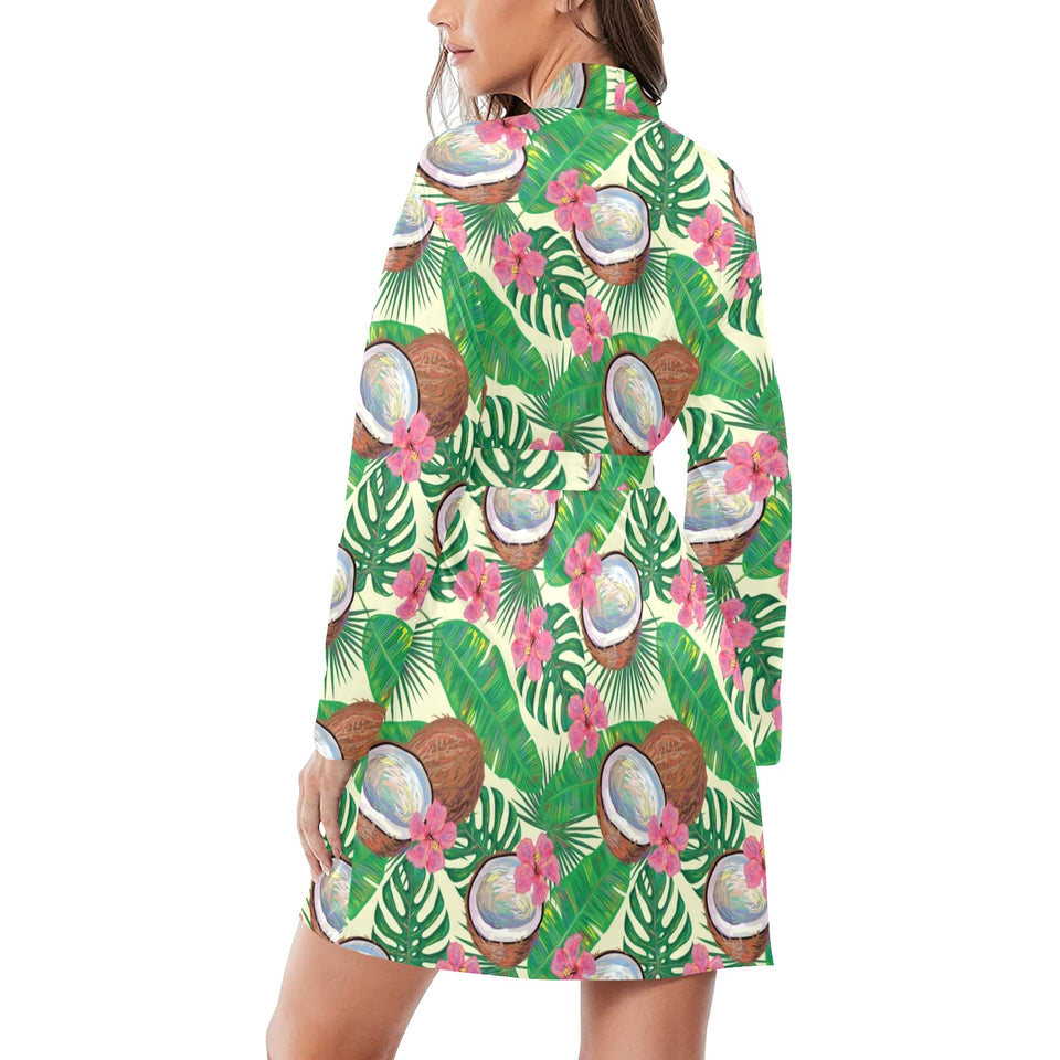 Coconut Pattern Print Design 01 Women's Long Sleeve Belted Night Robe
