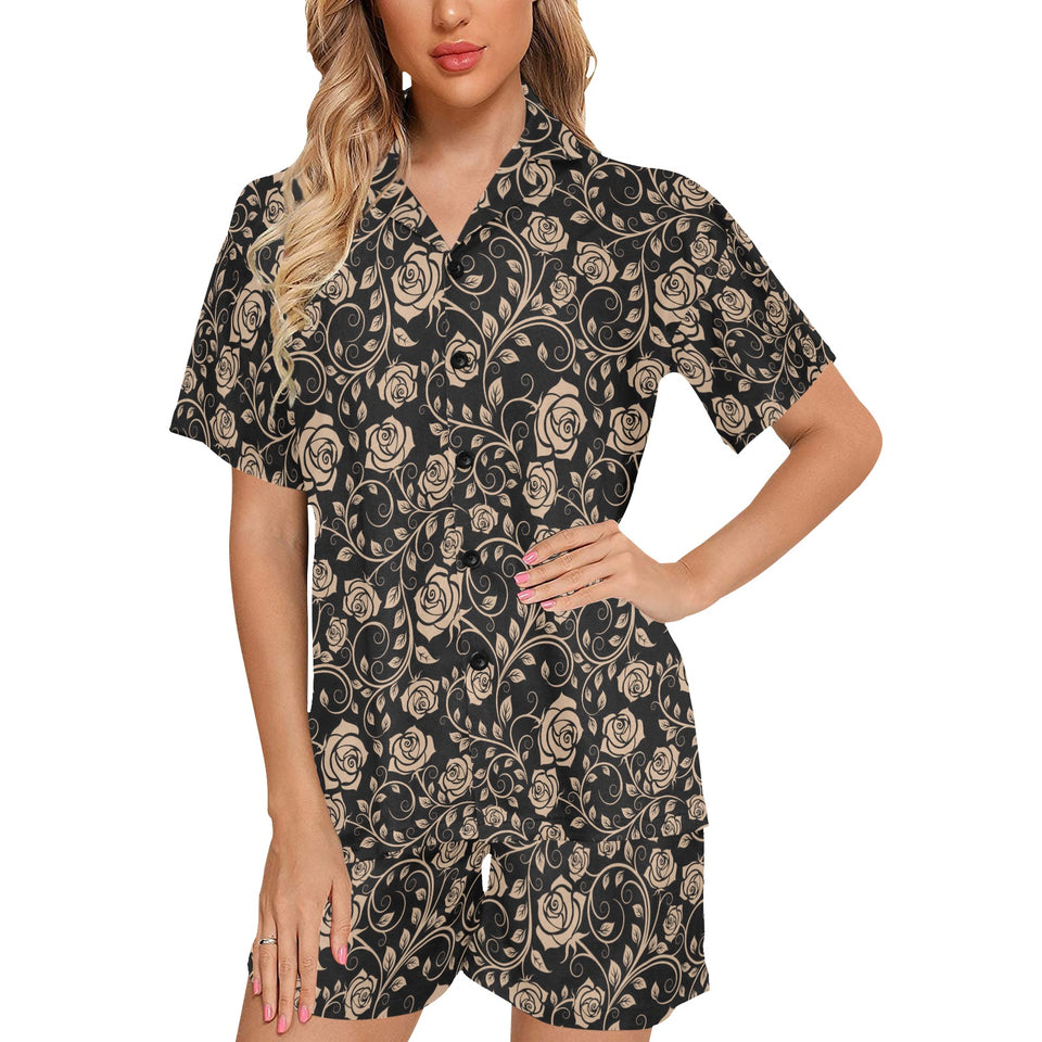 Rose Pattern Print Design 04 Women's V-Neck Short Pajama Set