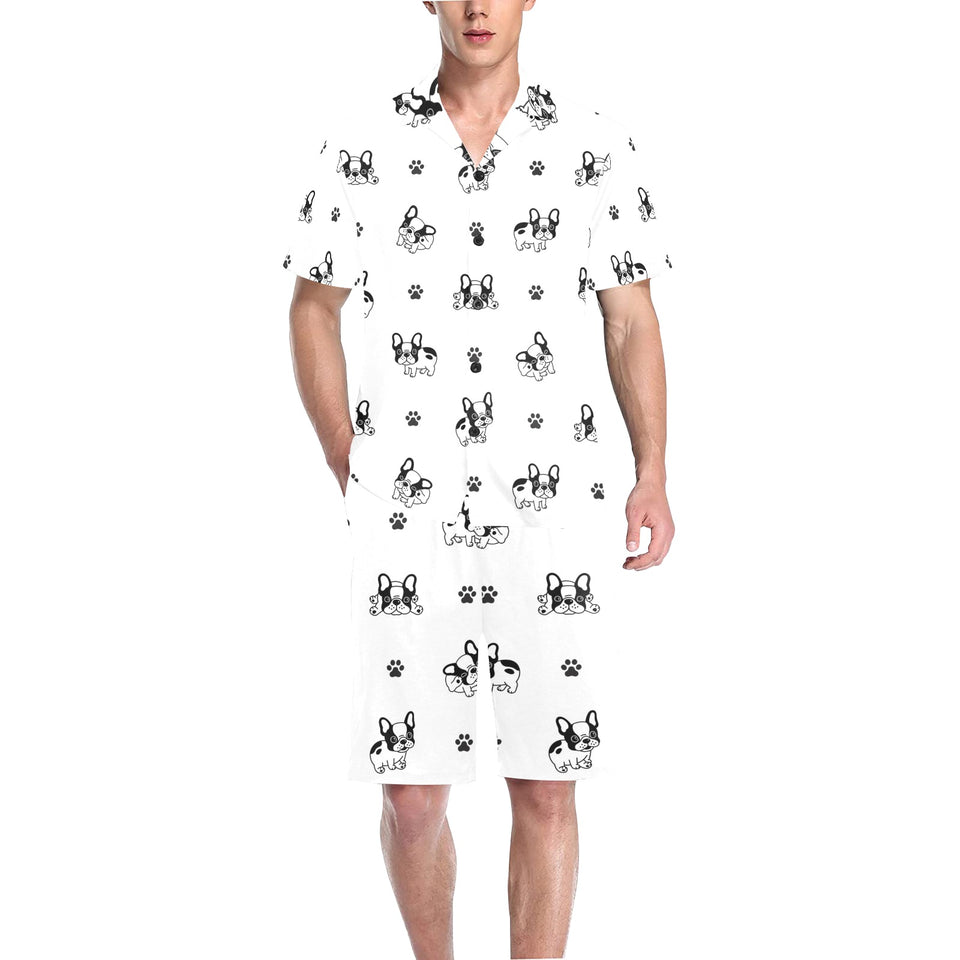 Cute french bulldog paw pattern Men's V-Neck Short Pajama Set