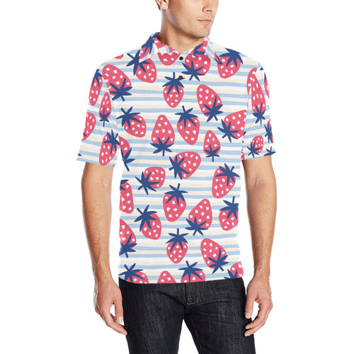Strawberry pattern blue lines background Men's All Over Print Polo Shirt